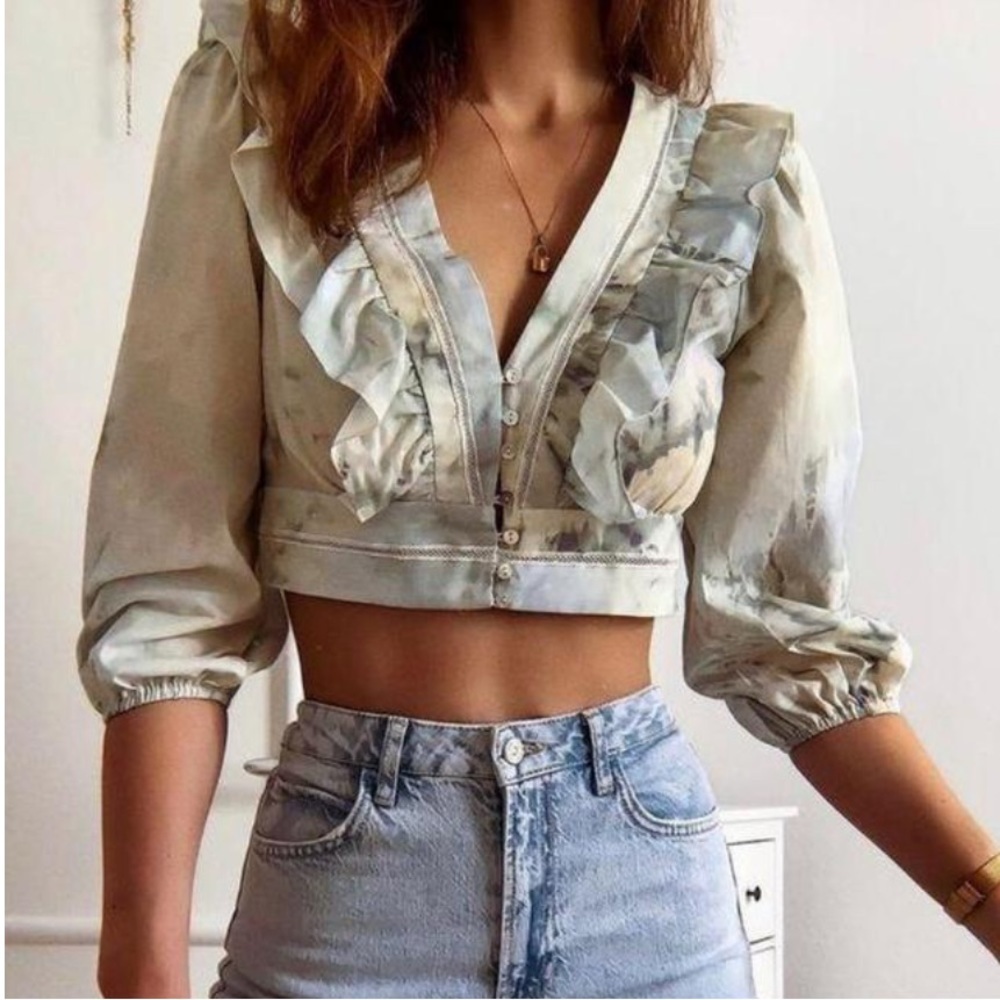 Zara blue green tie dye ruffle blogger favorite cropped top